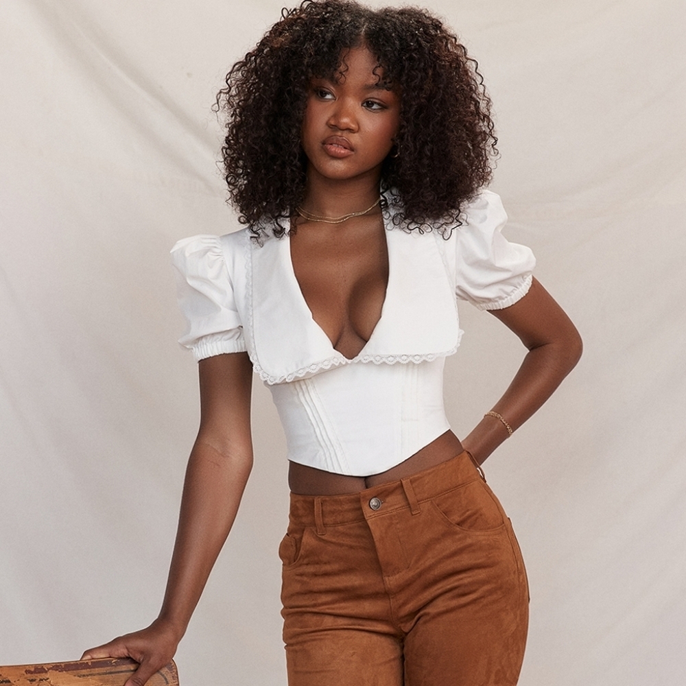 NWT House of CB Augusta white pin tuck top plunge blouse top L - Picture 3 of 8